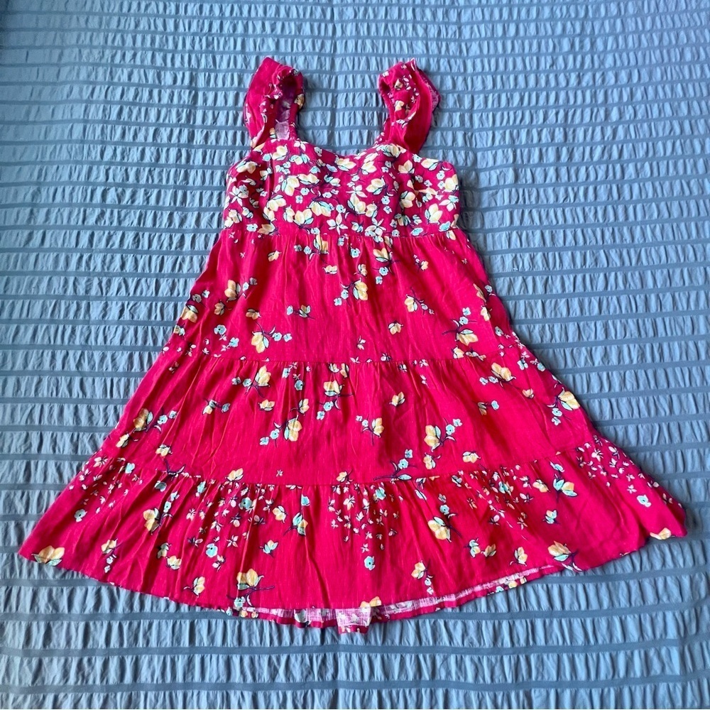 LC Lauren Conrad NWT Ruffle Fit & Flare Apron Linen‎ Dress Red Lemon Orchard M - Picture 6 of 12